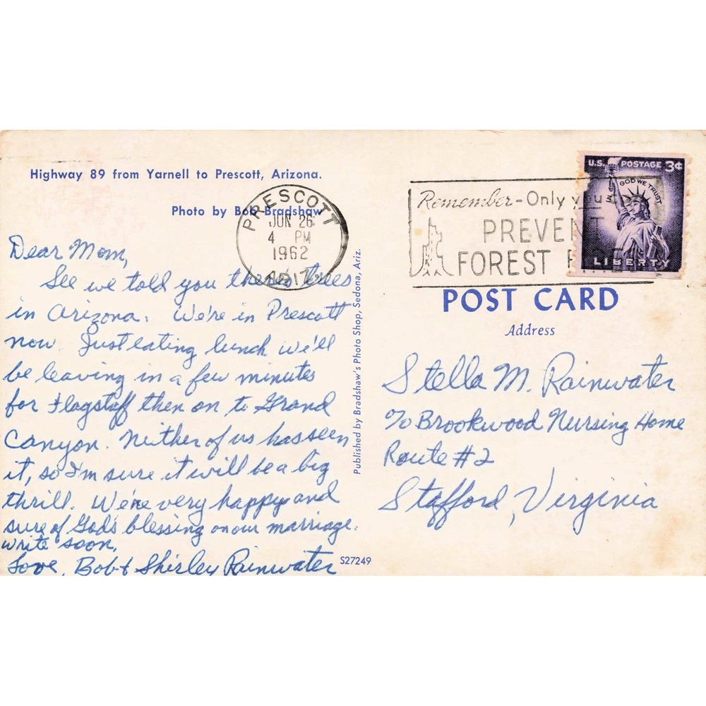 Arizona Hwy 89 Yarnell Prescott Chrome Postcard 1962 Bob Bradshaw Smokey Bear - Picture 2 of 2